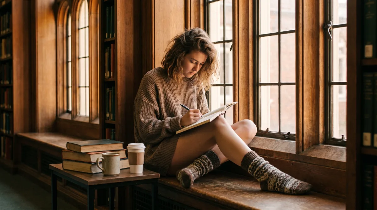 A student writing on a sunny library window seat, books stacked beside her — getting to know people through words