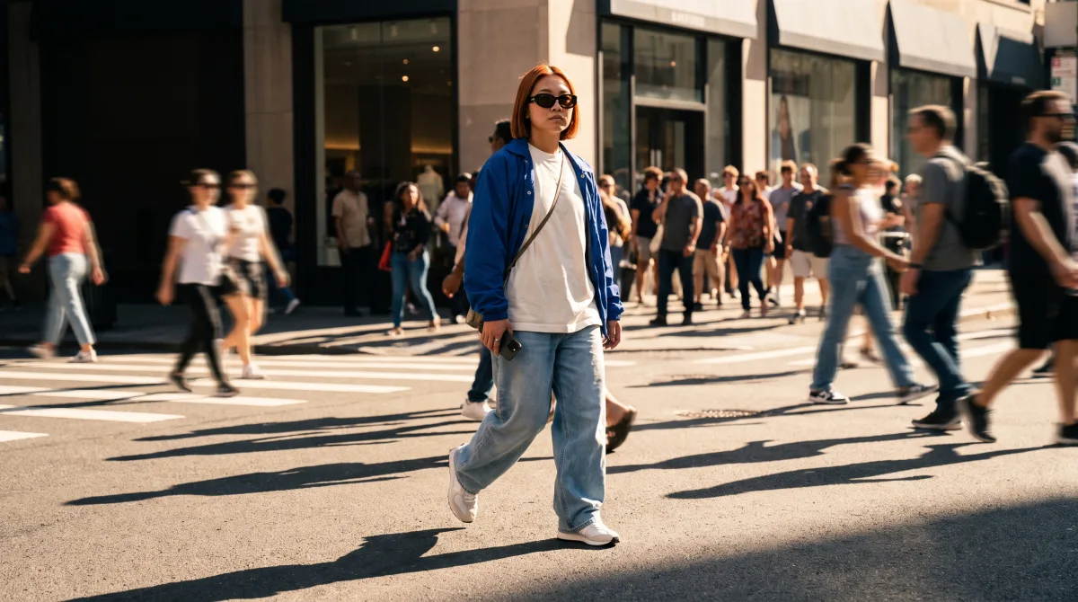 A young person crossing a busy street alone in harsh midday light, one figure among a crowd of blurred strangers