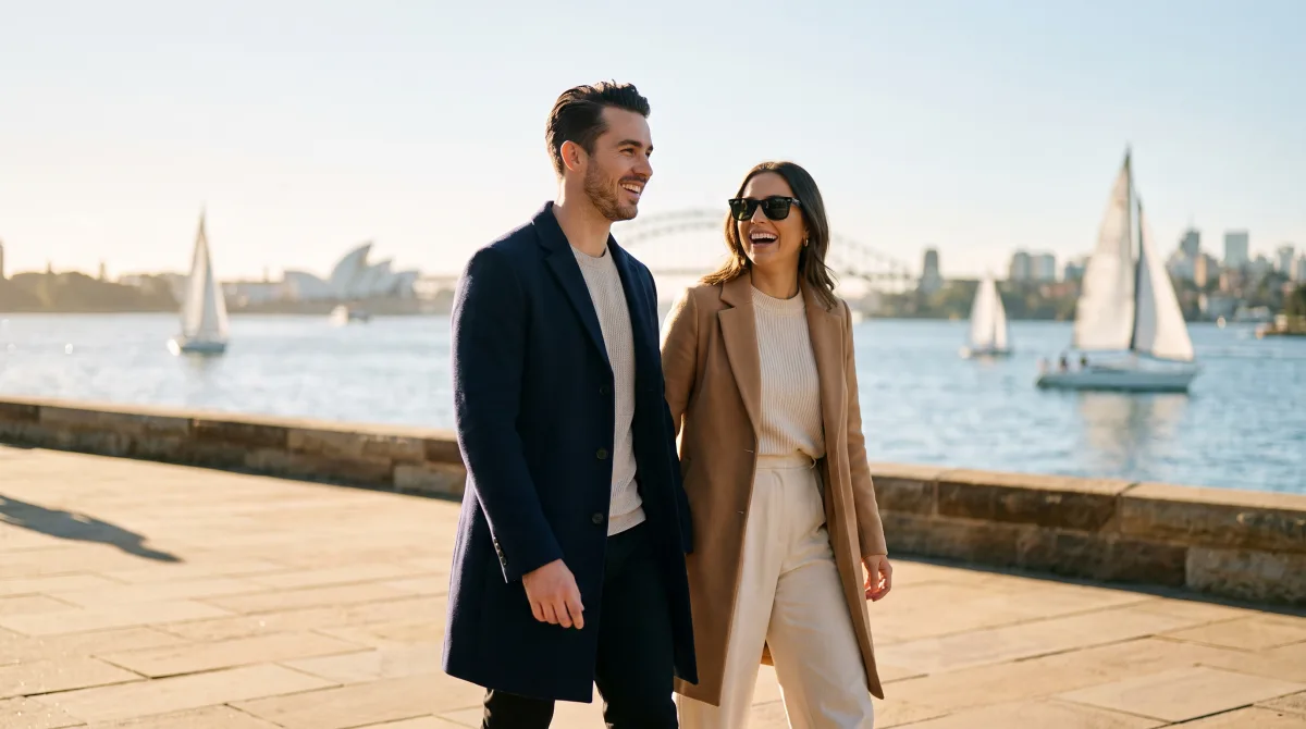 A stylish young couple walking a Sydney harbour promenade on a cool winter afternoon