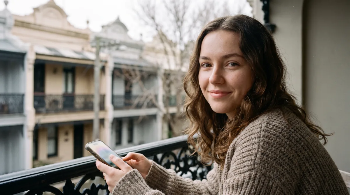 A young woman on a Paddington terrace balcony in Sydney in winter