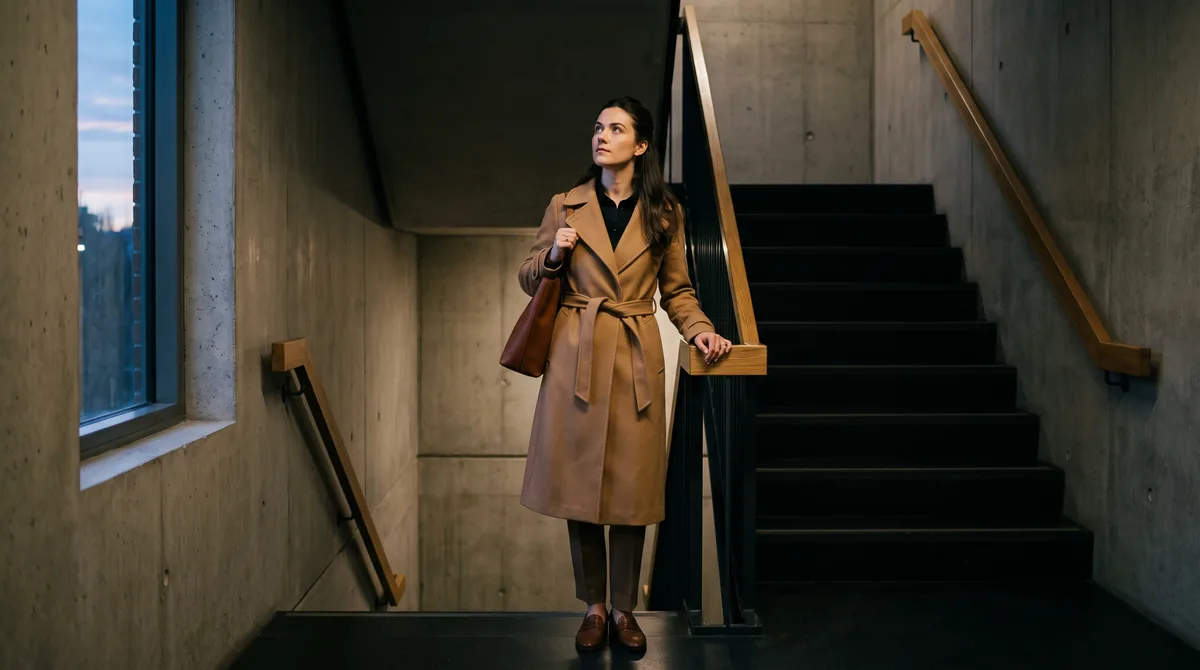 A woman pausing on an apartment stairway landing at dusk, one hand on the railing, neither climbing nor descending