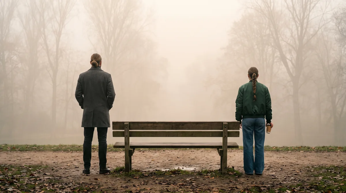 Two people standing at opposite ends of a foggy park bench in early morning light, not yet sitting together