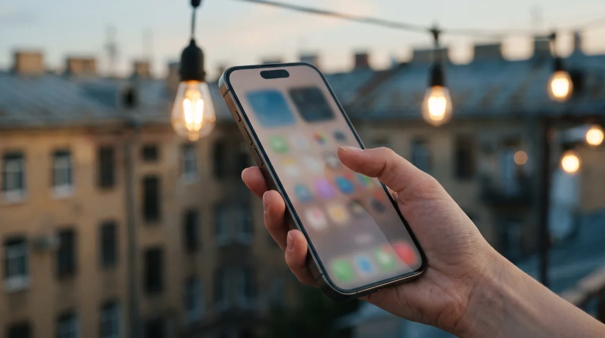 Close-up of a hand holding a phone at dusk