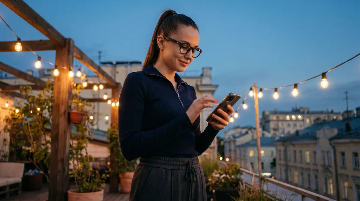 A young woman texting on a rooftop terrace at dusk