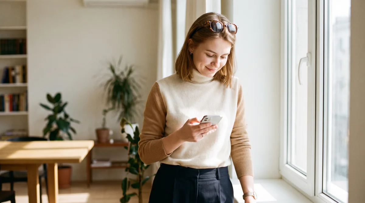 A quietly stylish young woman in a logoless cashmere outfit texting on her phone while getting ready in an elegant apartment