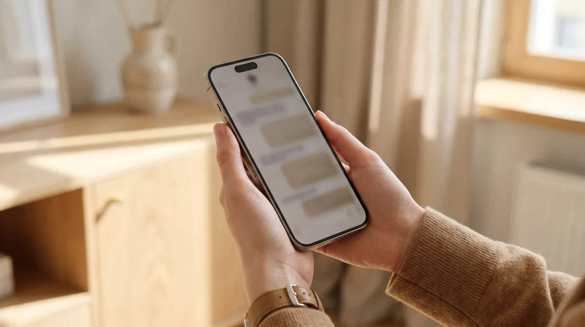 Close-up of young hands in a cashmere sleeve holding a phone showing a softly blurred chat in an elegant interior