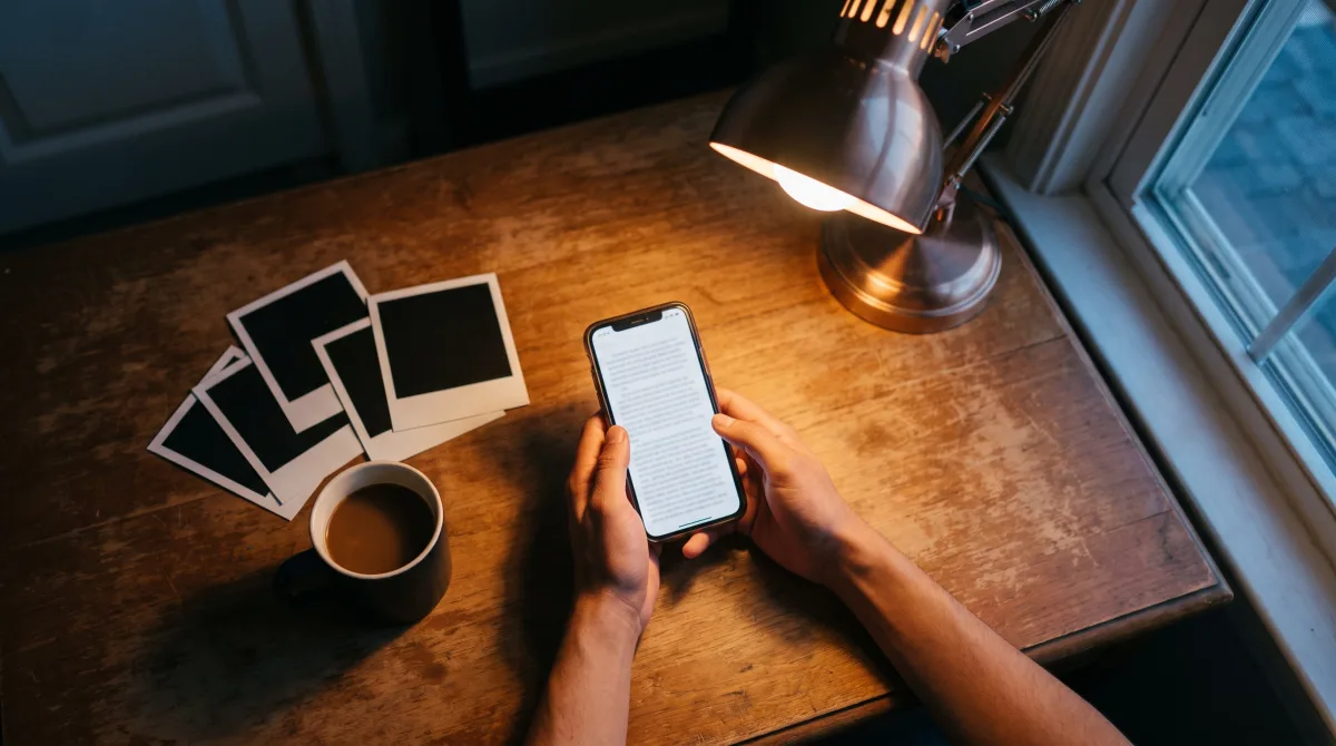 Overhead view of hands choosing a text profile on a phone while printed photos lie set aside on the desk