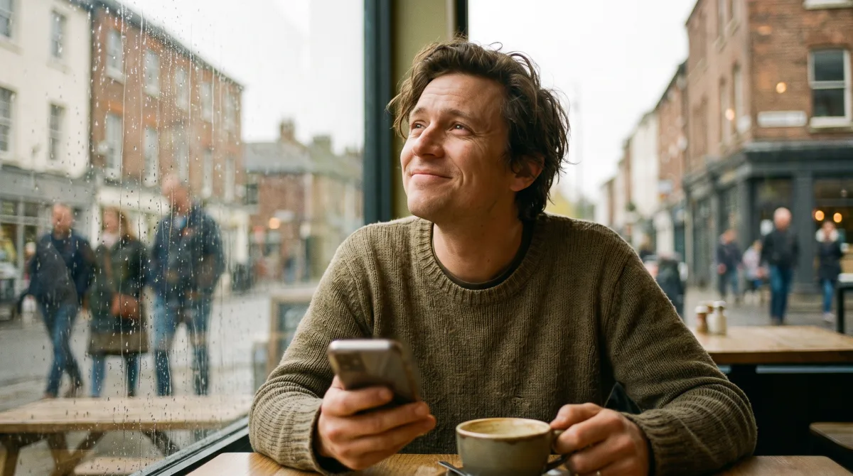 A person at a café window looking up mid-thought, forming a first impression from words they just read