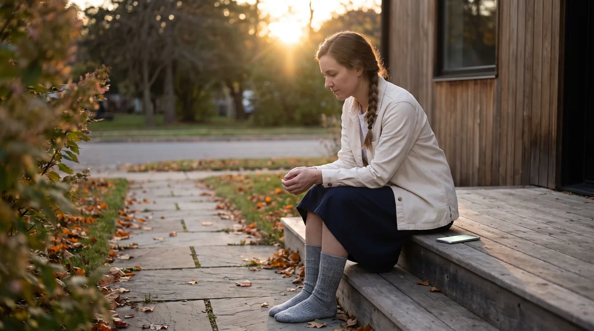 A woman sitting alone on a porch step at dusk, wool socks pulled up to her knees, a phone glowing face-up on the step beside her, her hands empty in her lap