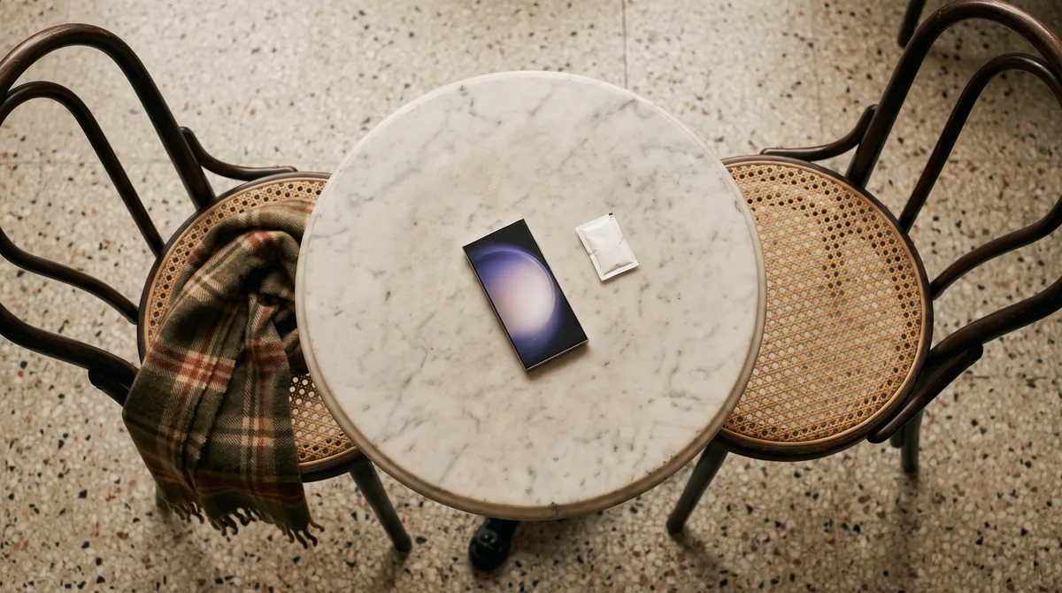Two small café chairs facing an empty round table, one chair holding a folded scarf, a phone lying face-up and glowing on the table between them