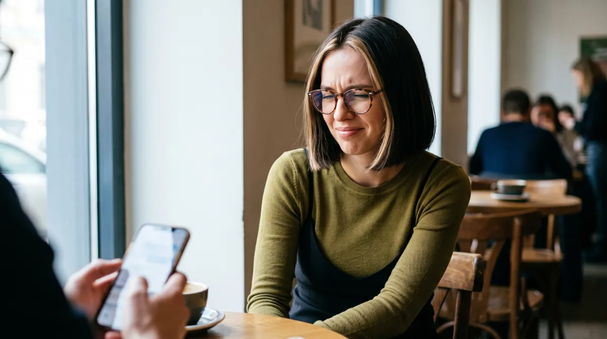 A young woman pulling a subtle wince at something on her phone in a café