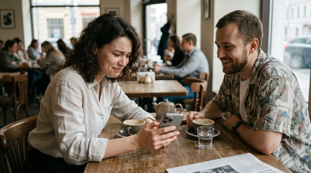 Two people at a café table, one reacting with a subtle amused wince