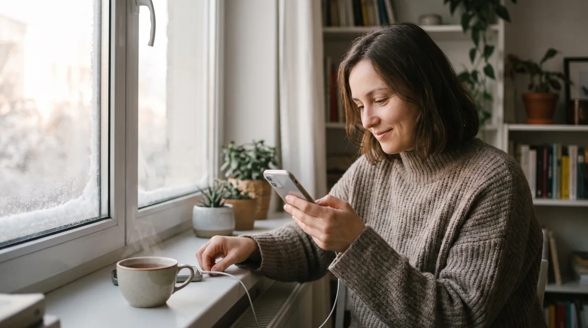 A person by a frost-edged window in winter light setting up a new dating app with a calm expression