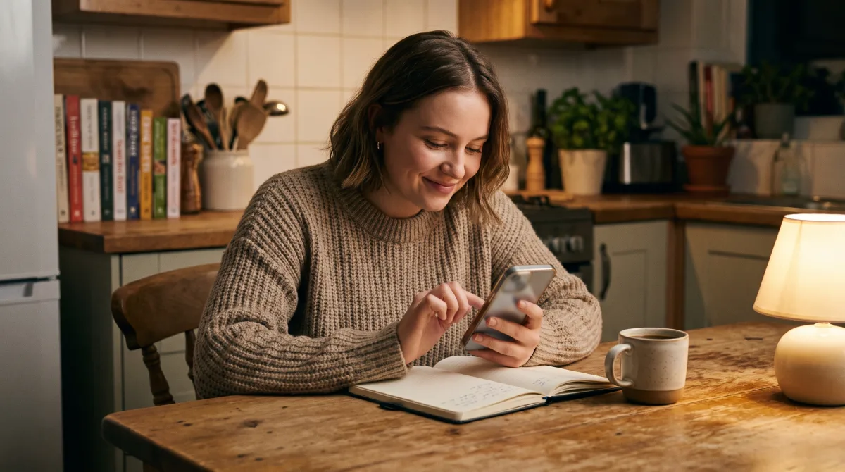 A young woman at a kitchen table writing a fresh dating profile on her phone with a hopeful smile