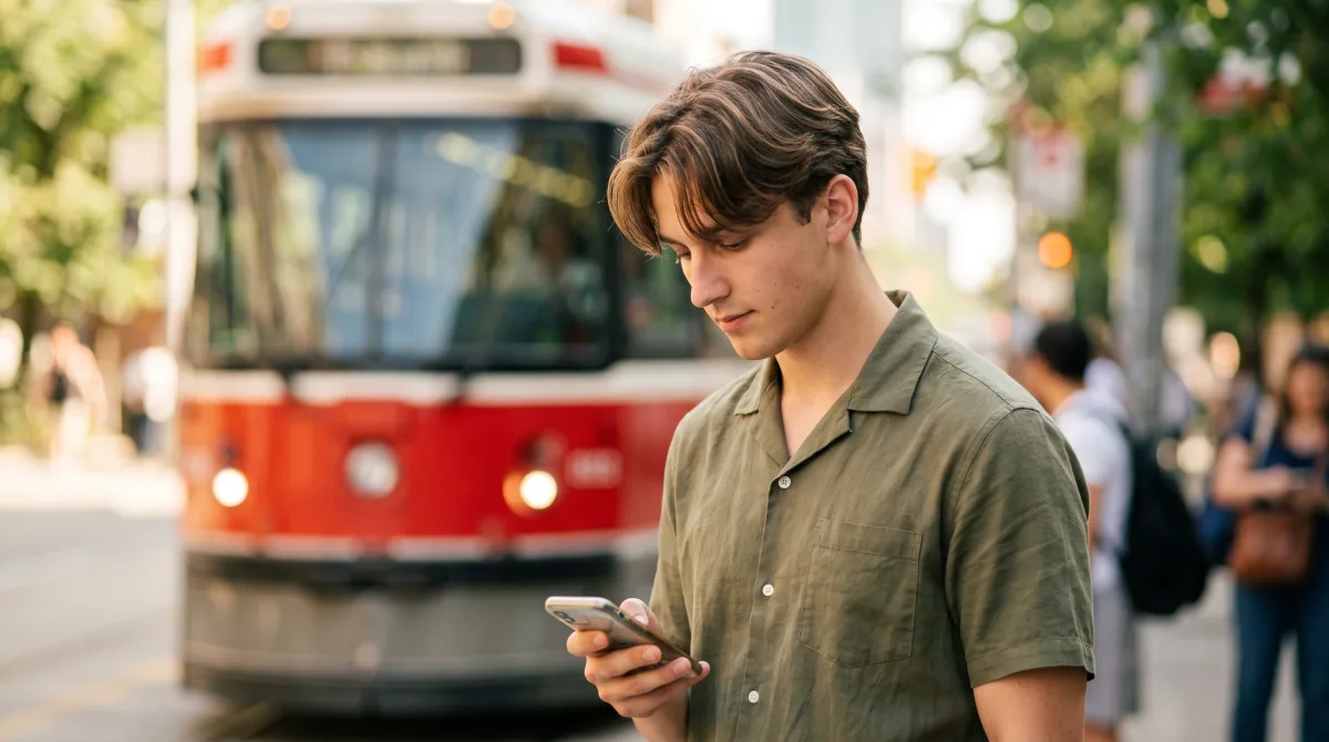 A young man at a Toronto streetcar stop on a summer day