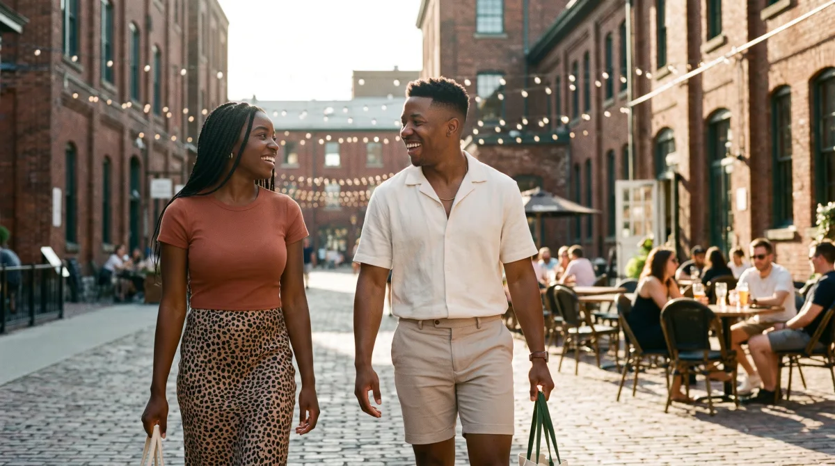 Two stylish friends walking Toronto's Distillery District in summer