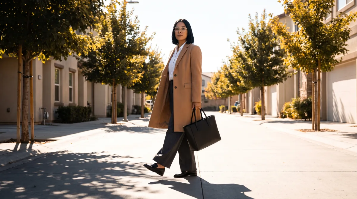 A person walking alone down a tree-lined street in an autumn coat, mid-stride