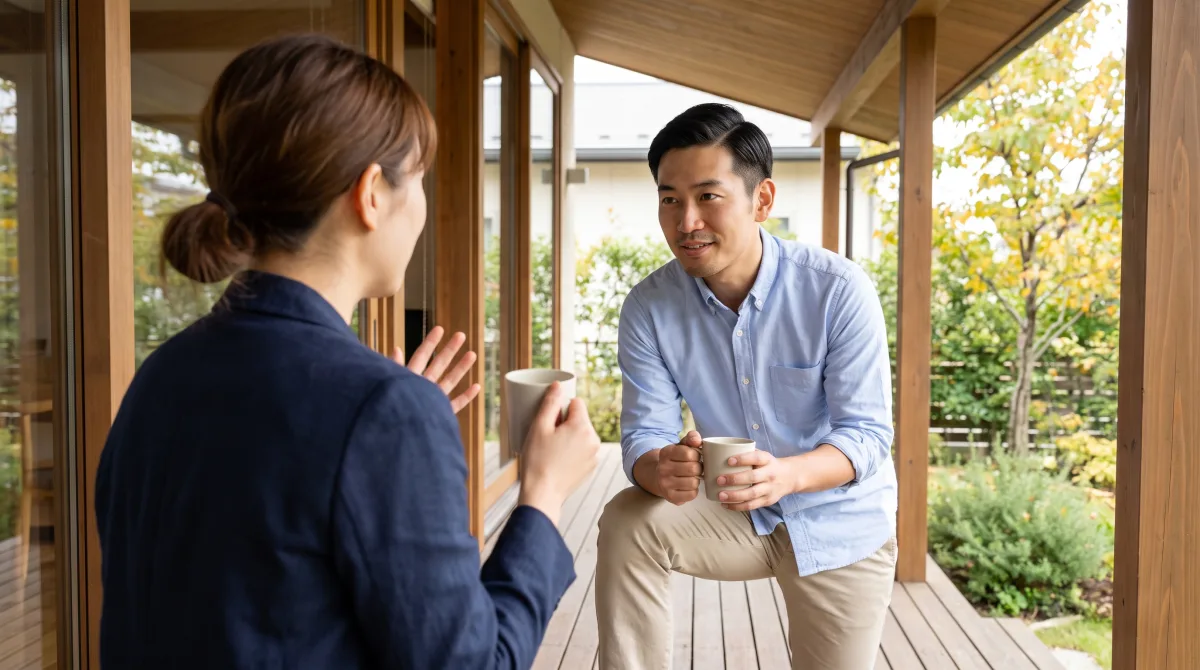 Two people talking on a garden porch, one leaning in to listen