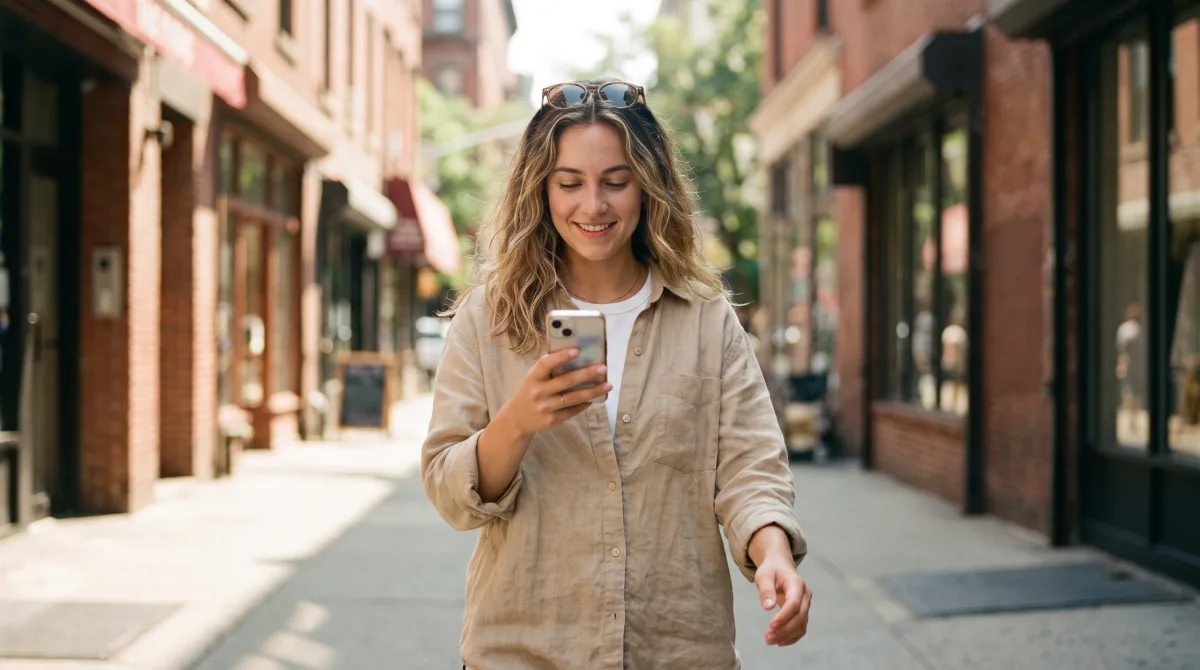 A stylish young woman on a sunny city street checking trending dating apps on her phone