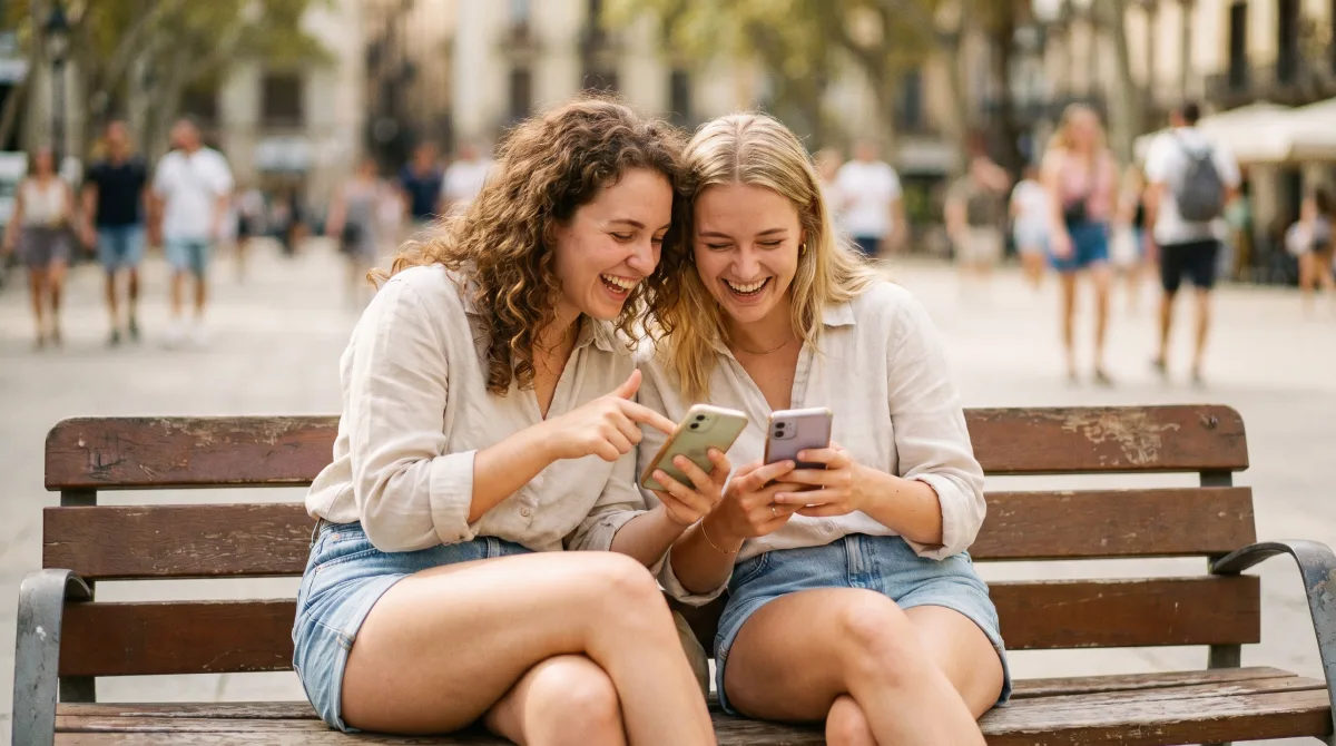 Two young friends laughing on a city bench as they compare dating apps on their phones