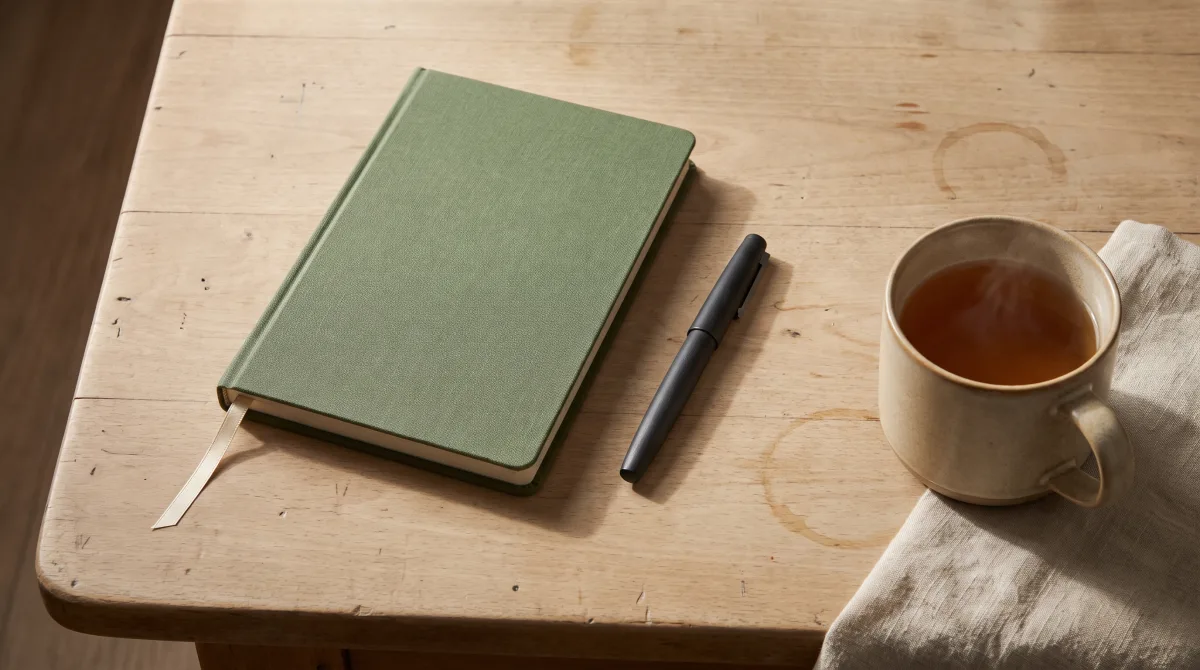 A closed journal beside a capped pen and a cup of tea on a plain table, morning light from one side