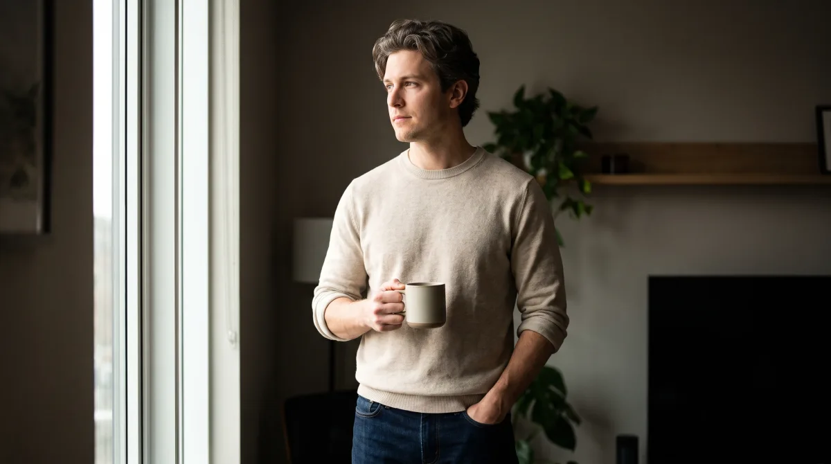 A young man standing at a bright window, mid-thought, looking out rather than at the camera