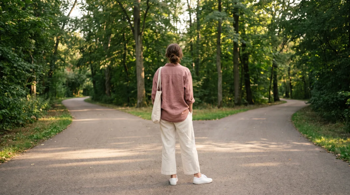 A person seen from behind, standing where a park path splits into two, no face visible