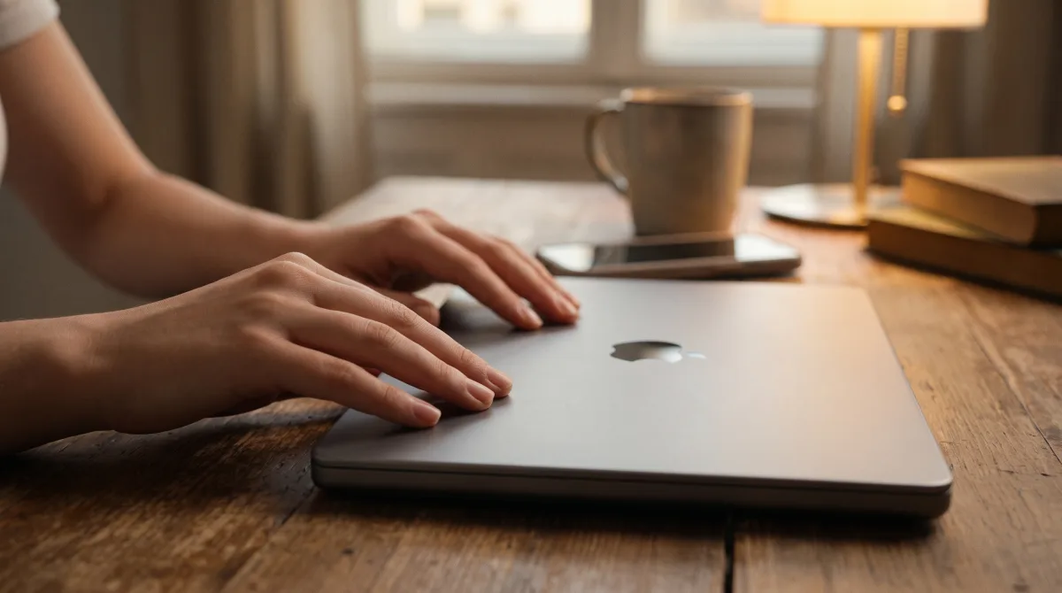 Close-up of young hands gently closing a laptop lid beside a phone in warm lamplight