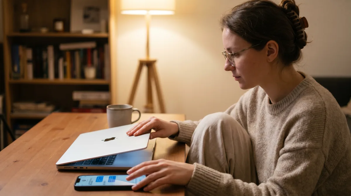 A young woman in a warm lamp-lit room closing her laptop and reaching for her phone, choosing text over a video call