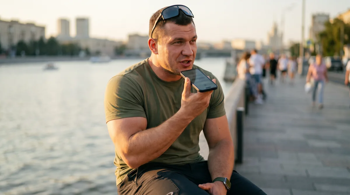 A muscular young man on a river embankment holding his phone up to record a voice message in golden light