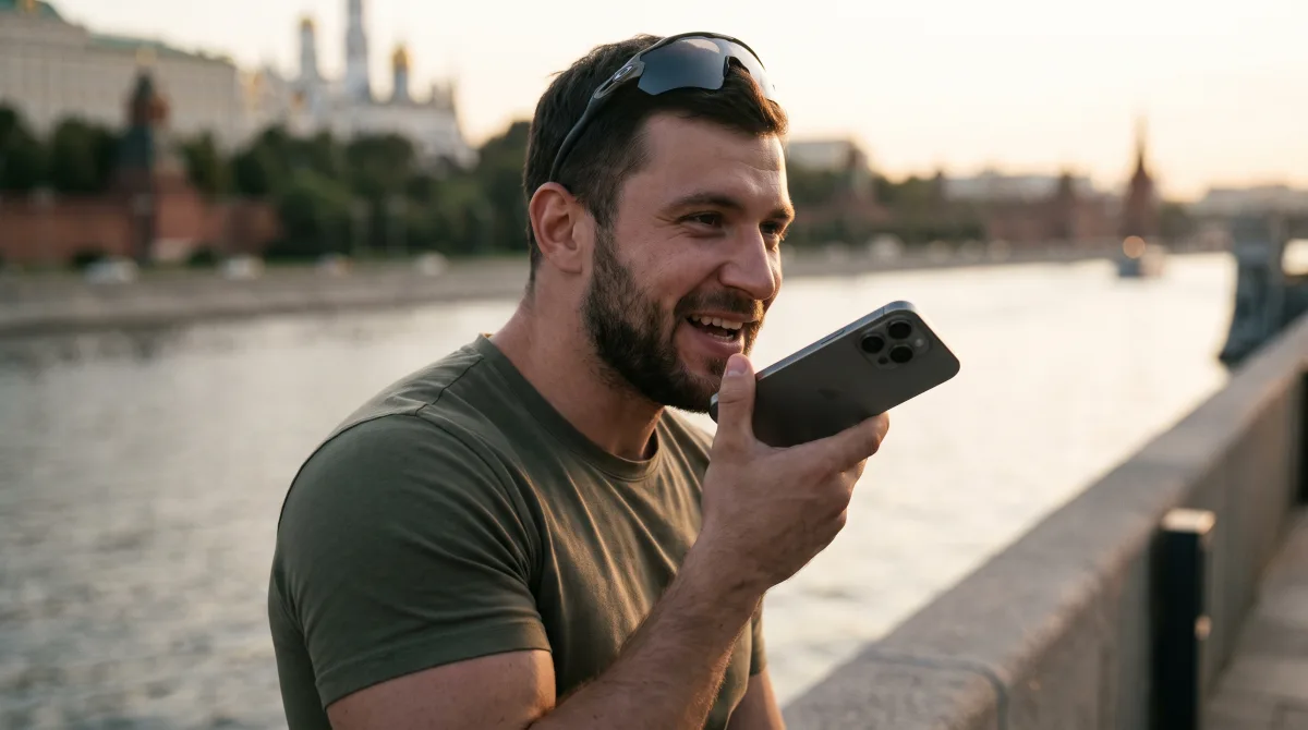 Portrait of a muscular young man speaking a voice message into his phone with a warm, animated expression