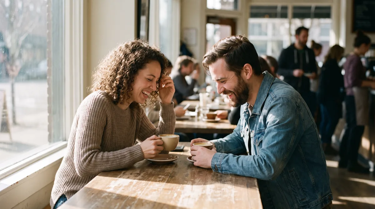 Two people meeting in person at a sunlit café after first connecting through their writing