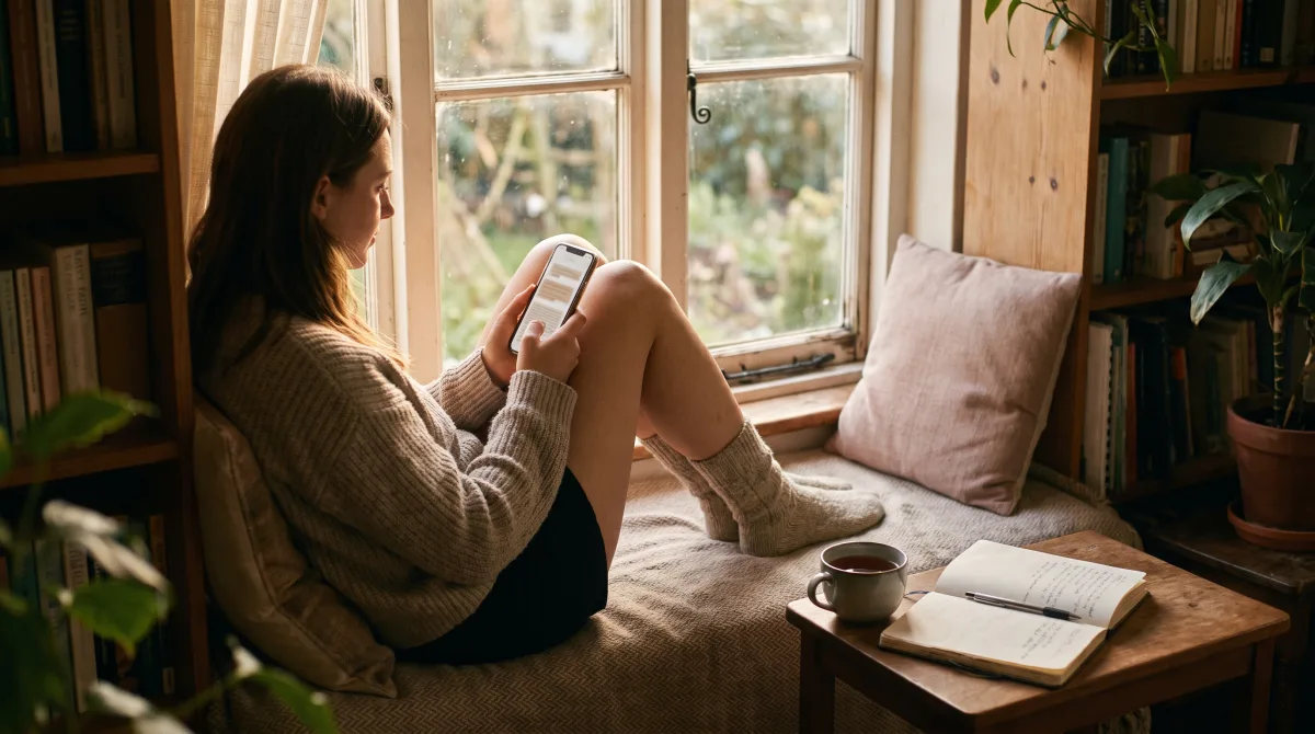 A woman by a sunlit window reading someone's written profile on her phone, a notebook and tea beside her