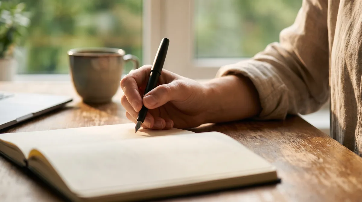 A close-up of a hand holding a pen poised just above a blank line in an open notebook, about to write