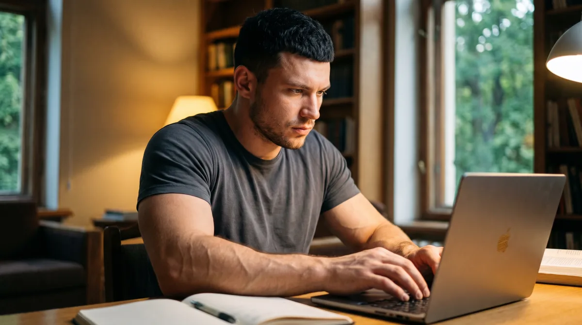 A person rewriting their dating profile at a lamp-lit desk in the evening, laptop open beside a paper notebook