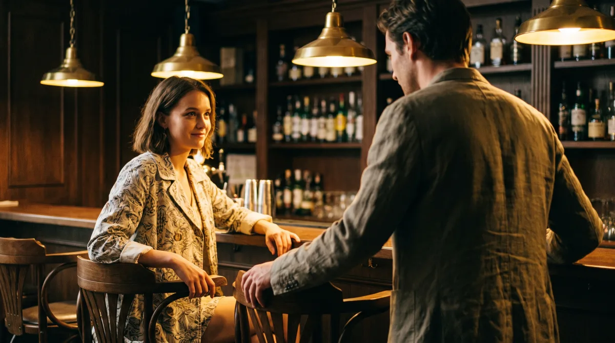Two people just sitting down at a bar counter for the first time, warm pendant light overhead