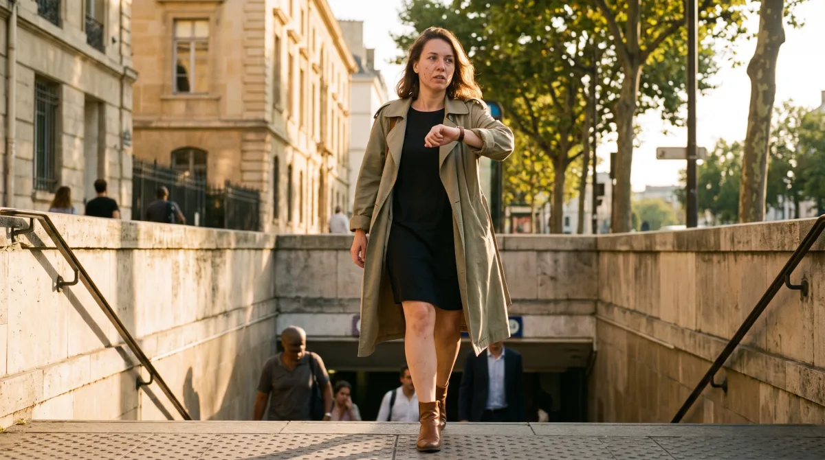 A person walking up out of a metro exit into low golden evening light, glancing at their watch before a first meeting