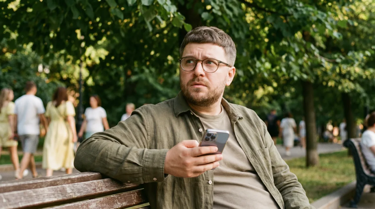 A woman sitting on a park bench in late-afternoon light, phone face-down beside her, thinking over which dating app actually fits how she wants to date