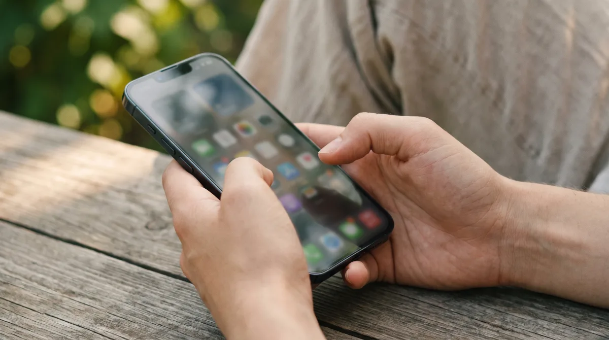 Close-up of hands holding a phone, thoughtfully weighing which dating app to actually open tonight