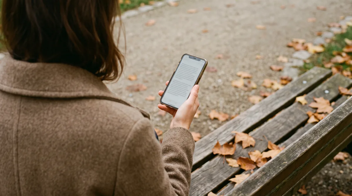 A woman on a park bench in autumn reading a long written message on her phone, amber leaves around her