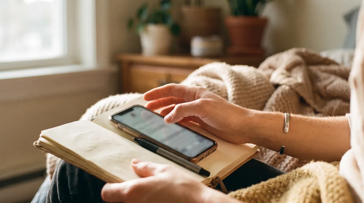 Close-up of a young person's hands composing a thoughtful written message on a phone over a notebook
