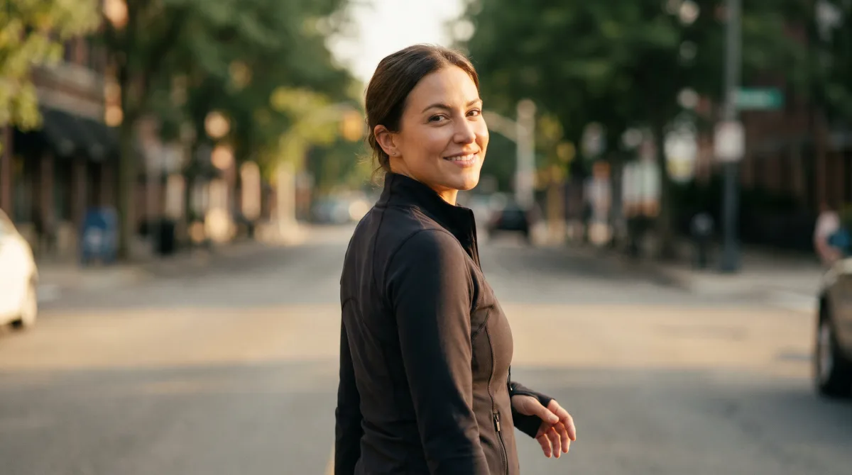 A self-assured young woman glancing back with a warm smile on a sunny morning street