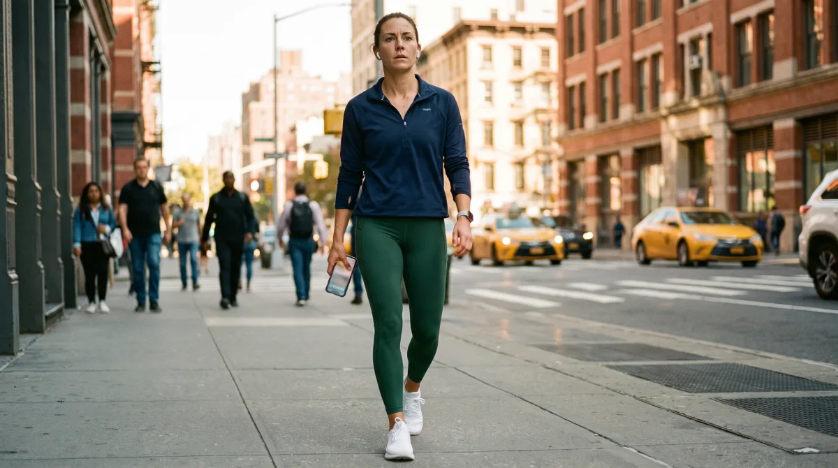 A confident fit young woman striding forward along a bright city street after a morning run, phone in hand