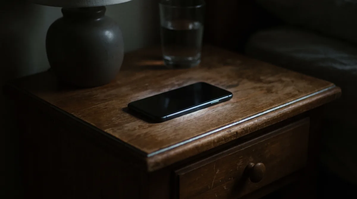 A phone lying face-down on a dark nightstand, its screen glow leaking around the edges