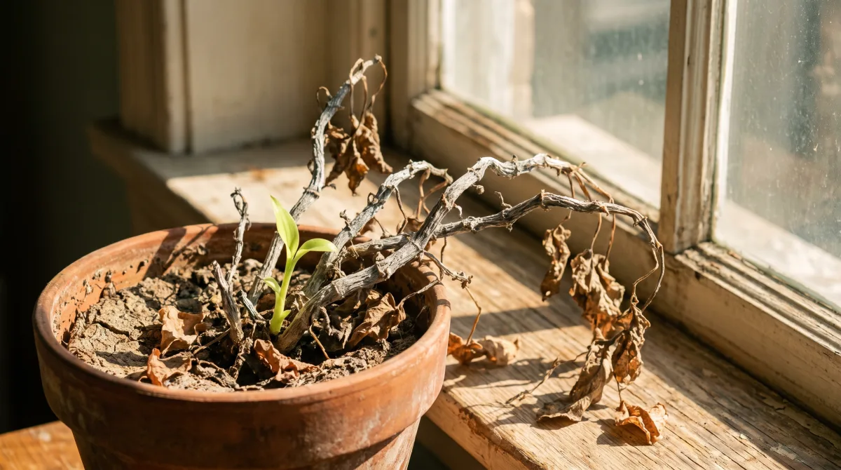 A houseplant with grey, apparently dead stems pushing one green shoot from a terracotta pot on a windowsill in hard morning light